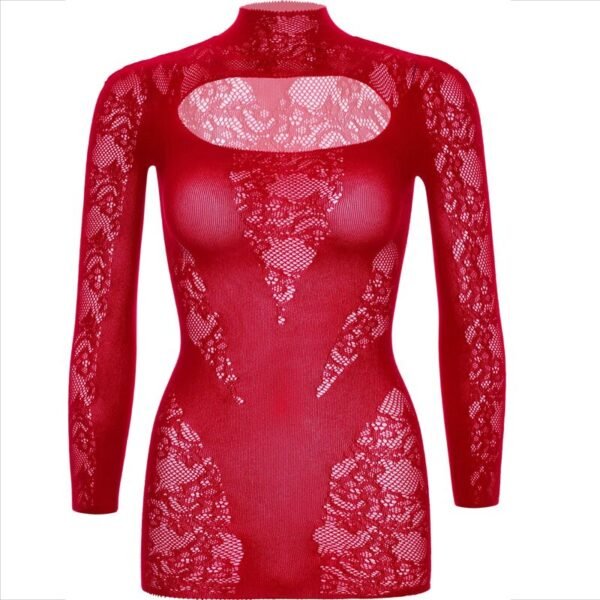 Mini vestido de encaje con manga larga rojo - Imagen 7