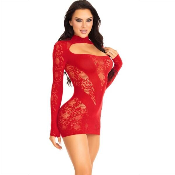 Mini vestido de encaje con manga larga rojo - Imagen 2