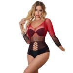 952259 bodystocking de rejilla elstico manga larga degradado rojo y negro talla única