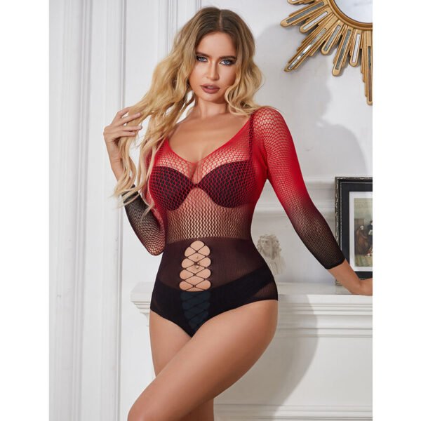 952259 bodystocking de rejilla elstico manga larga degradado rojo y negro talla única - Imagen 7