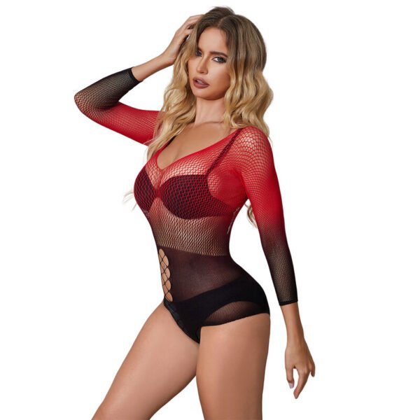 952259 bodystocking de rejilla elstico manga larga degradado rojo y negro talla única - Imagen 2