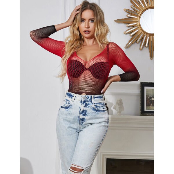 952259 bodystocking de rejilla elstico manga larga degradado rojo y negro talla única - Imagen 11