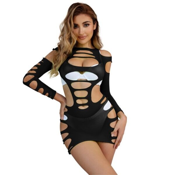 952266 Bodystocking de rejilla elstico manga larga negro talla única