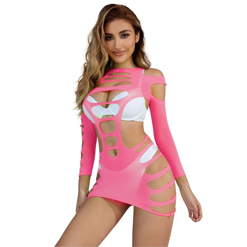 952273 Bodystocking de rejilla elstico manga larga rosa talla única