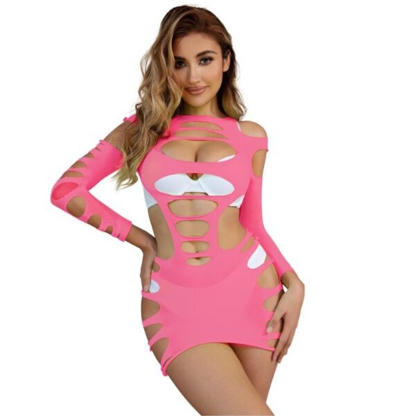 952273 Bodystocking de rejilla elstico manga larga rosa talla única - Imagen 6