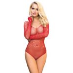 952303 bodystocking de rejilla brillante con hombros descubiertos manga larga rojo talla única