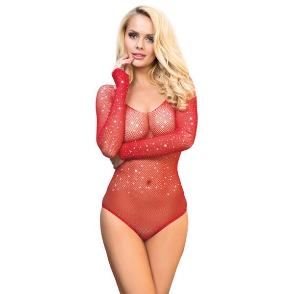 952303 bodystocking de rejilla brillante con hombros descubiertos manga larga rojo talla única