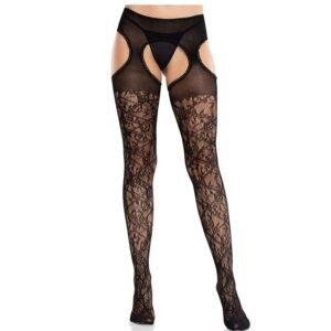 Medias de encaje floral con ligas unidas negro