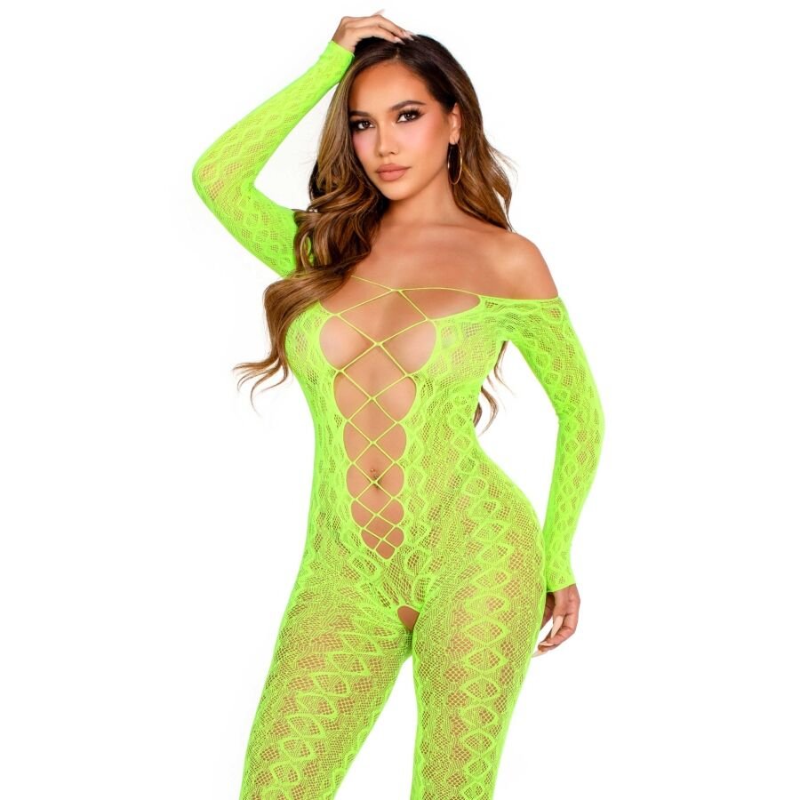 Bodystocking sin entrepierna de encaje de serpiente exótica verde neón